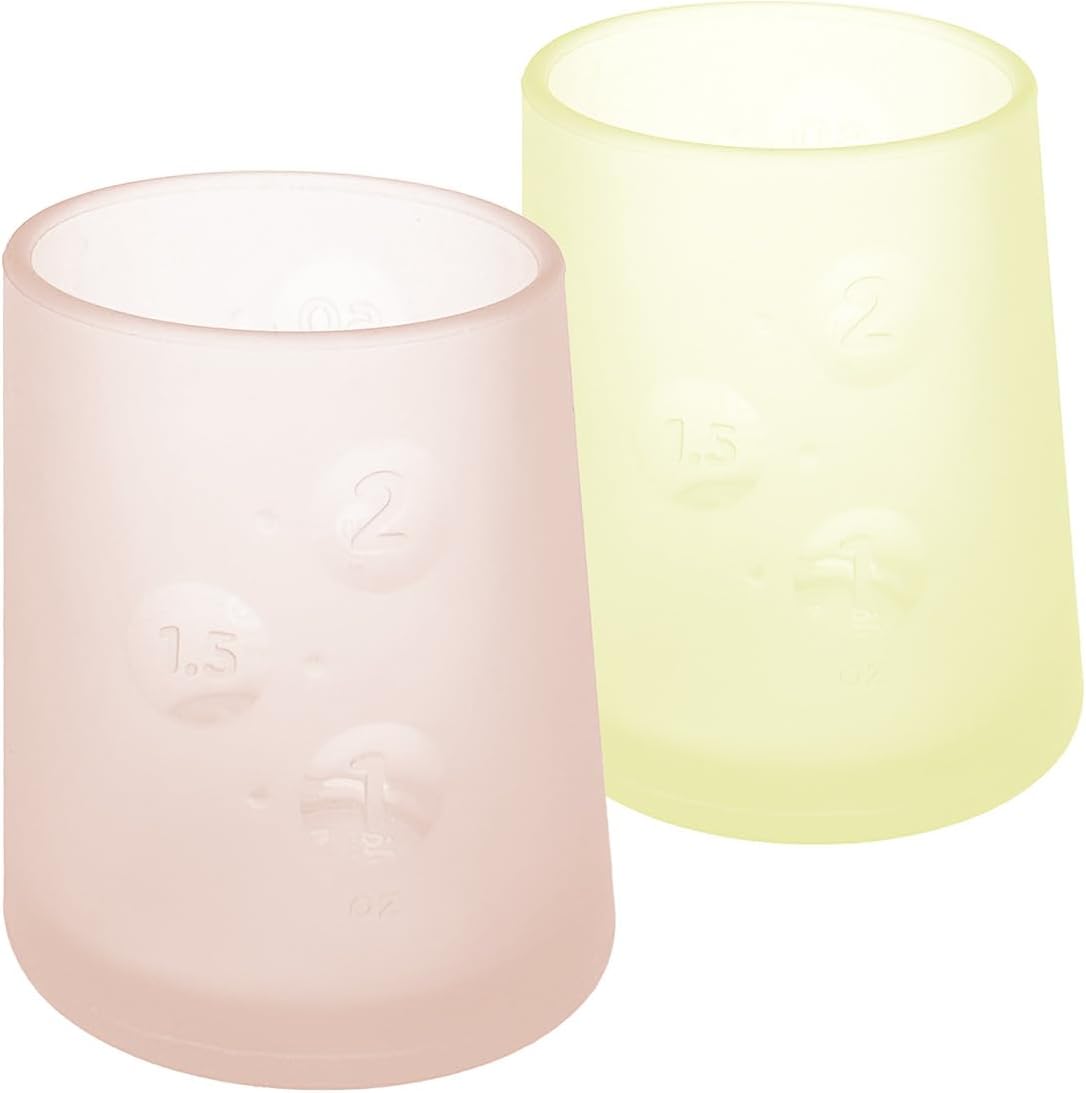 Olababy First Cup | Clear Sense 100% Silicone Infant Trainer Cup | 2oz Medicine Cup for Newborn | Non-Slip & Sloping Design for Tiny Hands & Baby Led Weaning (Coral/Lemon, 2 Cups)