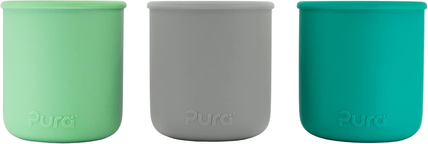 Pura my-my Silicone Trainer Cup 5oz/150ml - 100% Plastic Free, Reusable, Food Grade, Spill Proof Cups for Kids, Toddlers, Preschoolers, Babies & Infants - 3-Pack Slate, Mint & Moss