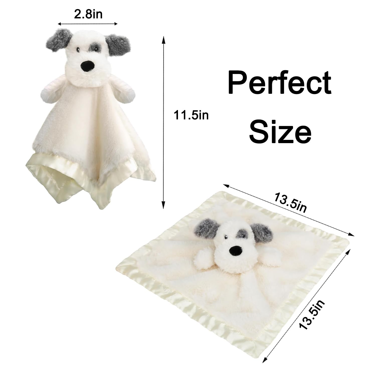 Dog Baby Security Blanket Soft Unisex Lovey Stuffed Animal with Satin Backing for Toddler Infant Newborn Boys and Girls, Lovely Puppy Snuggle Toy, White 13.5 Inch