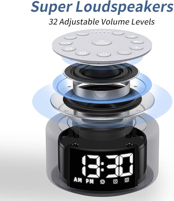 Upgraded 【3 in 1】 White Noise Sound Machine Alarm Clock Night Light with Double Alarms Backup Battery 30 Sleeping Sounds for Baby Kids Adults 32 Level Volume 5 Timers Memory Function 15 Wake Up Sounds