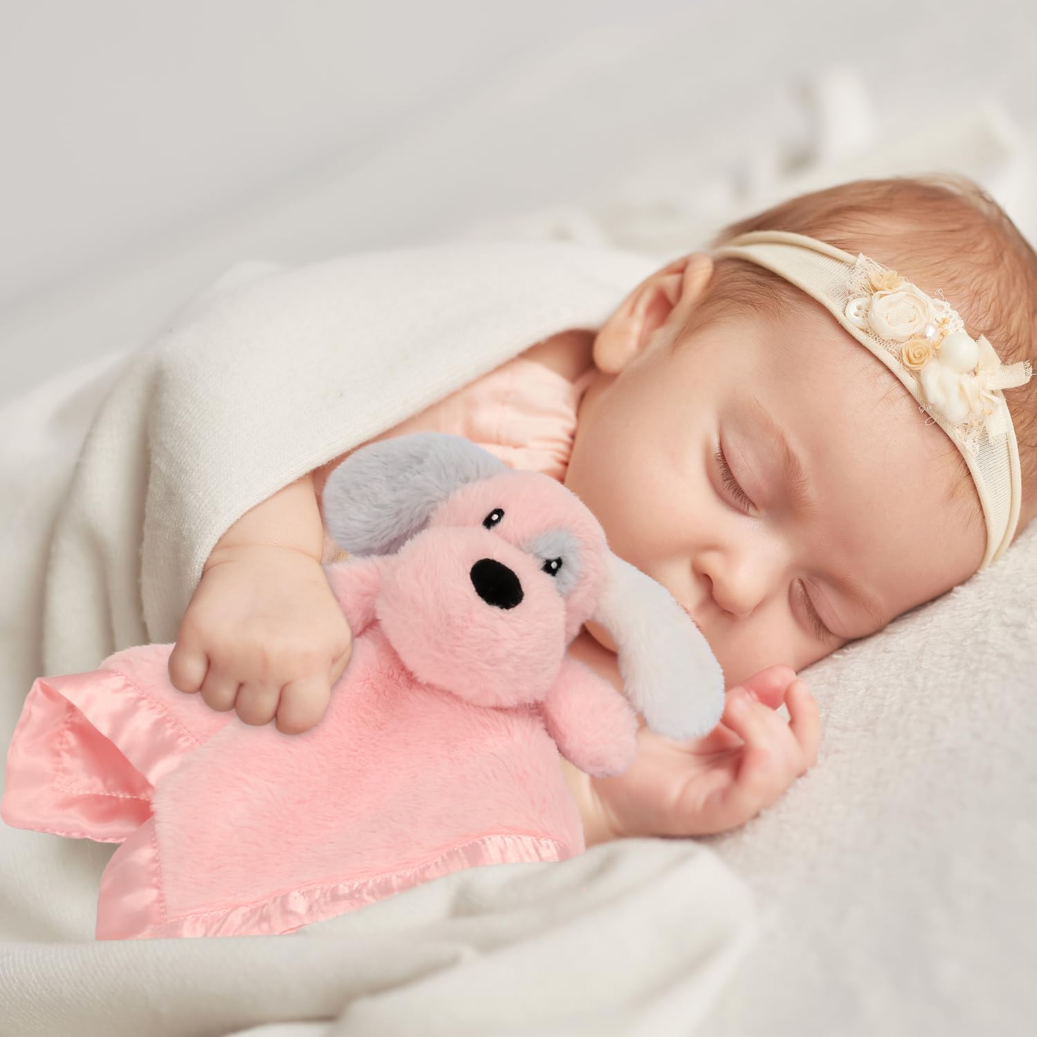 Puppy Baby Security Blanket for Toddler Infant Newborn Boys and Girls Soft Lovey Stuffed Animal with Plush Fabric and Satin Backing, Lovely Snuggle Toy, Pink 13.5 Inch