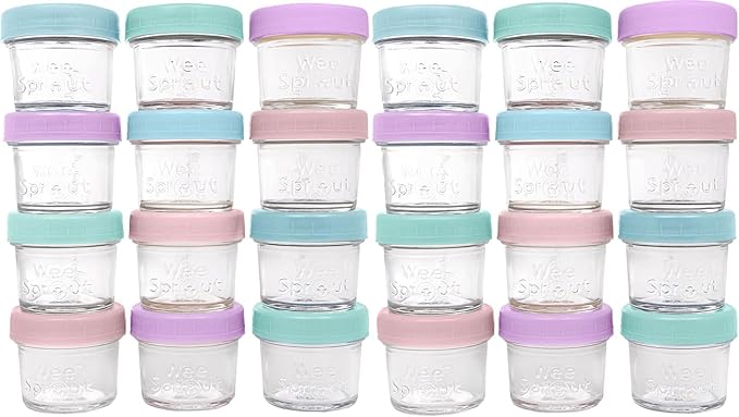 WeeSprout Baby Food Storage Glass Jars w/Lids (4 oz, 24 Pack) Pastel Variety, Snack, Reusable Small Containers, Fridge or Freezer, Microwave & Dishwasher Safe, Essentials for Infants
