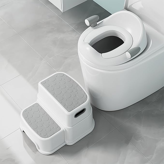 Potty Training Toilet Seat with Kids Step Stool Anti-Slip Toddler Seat, Soft Cushion, Baby Potty Training Set for Boys & Girls (Grey)