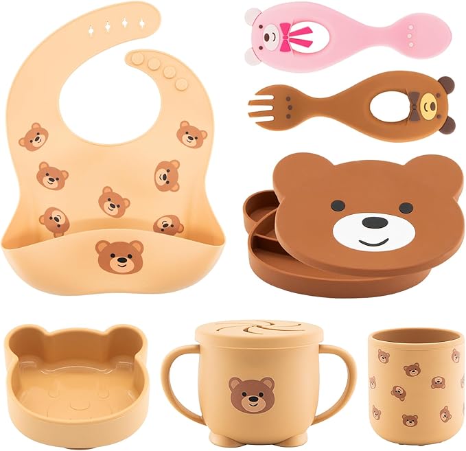 Silicone Baby Feeding Set 7 Pcs, Baby Led Weaning Supplies, Baby Feeding Supplies Set BPA Free, Baby Essentials for Newborn Gift Bear