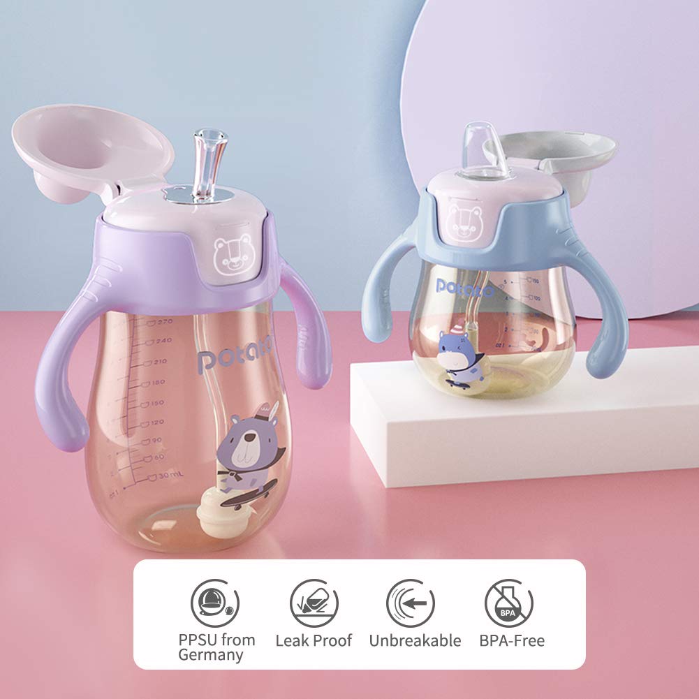 POTATO Sippy Cups For Toddlers with Straw Spill Proof, PPSU Learner Cup with Handle for Babies, Water Bottle for Baby 12 Months with 2 Type of Spout, 10 Ounce Green