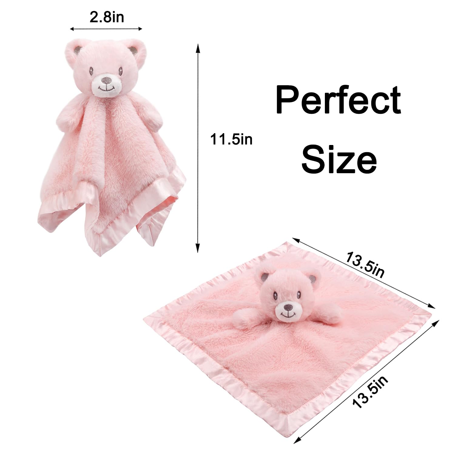 Baby Bear Security Blanket Soft Minky Baby Lovey Animal Plush Blanket Unisex Lovie Gift for Toddler, Boys and Girls, 13.5 Inch Pink