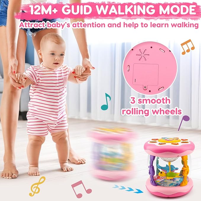Baby Musical Light Up Toys 0-6 Months Tummy Time Ocean Projector Rotating Infant 0-3 4 5 6 7 8 9 Months Baby Aquarium Crawling Pink Toys Babies 6-12 Month Girls 1 2 Year Old Birthday Newborn Gifts