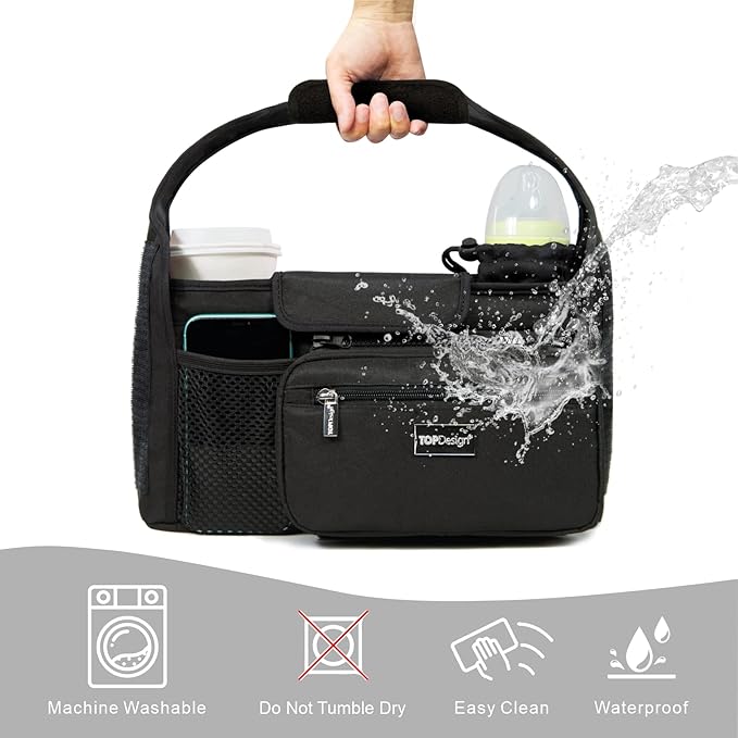 TOPDesign Universal Baby Stroller Organizer, Stroller Caddy with Heightened Insulated Cup Holders & Non-Slip Secure Hooks Accessories, Fits Most Strollers, Machine Washable (Black)