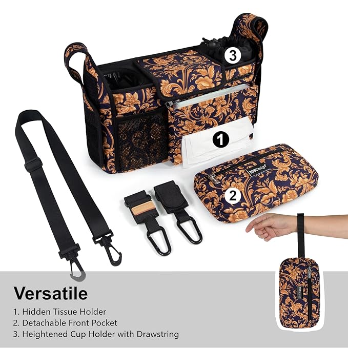 TOPDesign Universal Baby Stroller Organizer, Stroller Caddy with Heightened Insulated Cup Holders & Non-Slip Secure Hooks Accessories, Fits Most Strollers, Machine Washable (Baroque Gold)