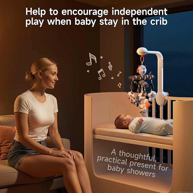 TUMAMA Baby Crib Mobile, High Contrast Baby Crib Toy with Projection Night Light, Music and White Noise, Soft Plush Animal Black and White Hanging Toy for Infant 0 3 6 9 Months Newborn Gift