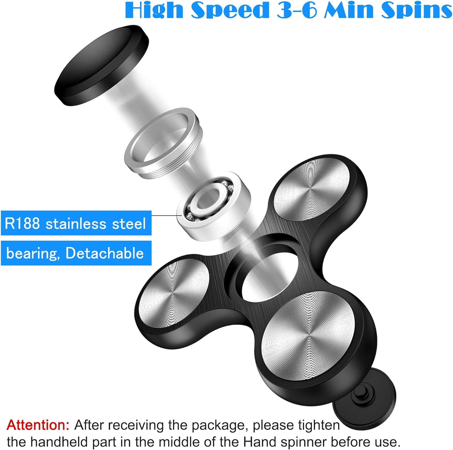 Fidget Spinners Toy Ultra Durable Stainless Steel Bearings High Speed 3-6 Min Spins Metal Material Hand Spinner ADHD Focus Anxiety Toys Stress Relief Reducer Fidget Spinner for Kids Adults Silver