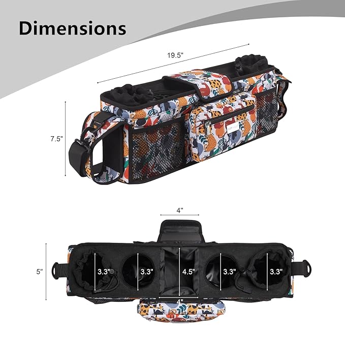 TOPDesign Universal Baby Stroller Organizer, Double Stroller Caddy with Detachable Mesh Bag & Heightened Insulated Cup Holders & Non-Slip Secure Hooks Accessories, Fits Most Strollers (Zoo)