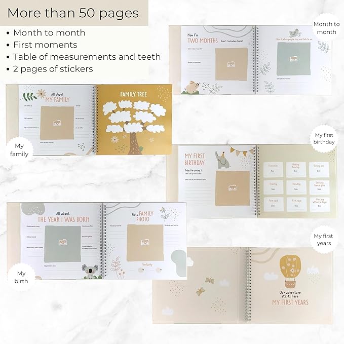 Baby Book Keepsake Gender Neutral to Paste Photos and Writing with +50 Pages and Stickers - Baby Memory Book from the First Year to 5th - Newborn Gifts, Baby Shower and Gender Reveal