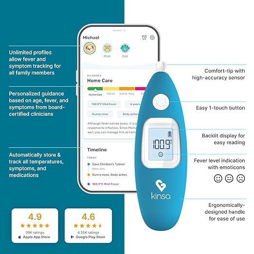 Kinsa Smart Ear Thermometer for Fever - Medical Infrared Termometro - FDA Cleared for Body Temperature Readings for All Ages - Connects to a Smartphone App to Track Symptoms and Get Illness Guidance