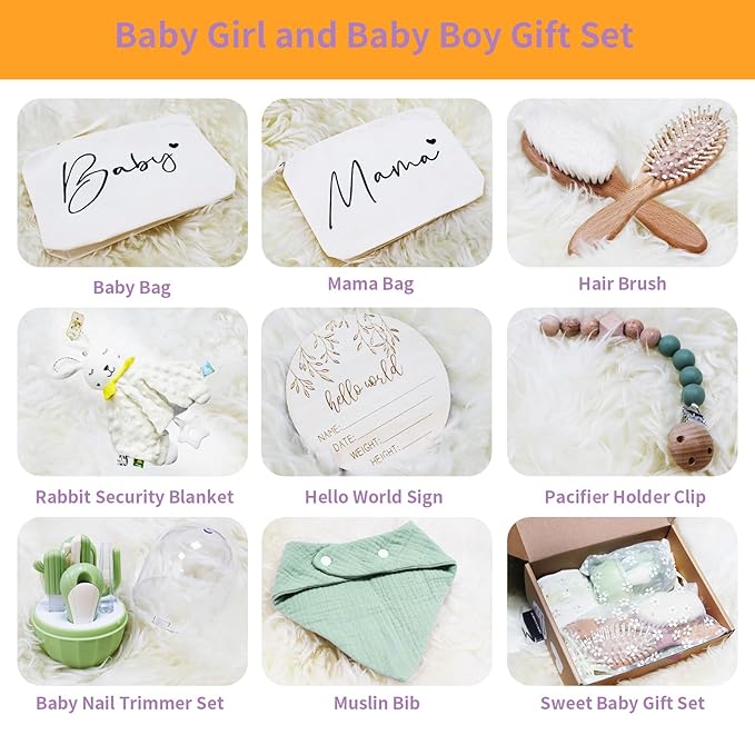 Baby Gifts Gender Neutral 10 Packs Baby Essentials Baby Shower Gifts Newborn Essentials Must Haves - Baby Brush and Comb Set Soft Security Blanket Baby Nail Clippers Greeting Cards Practical and Cute