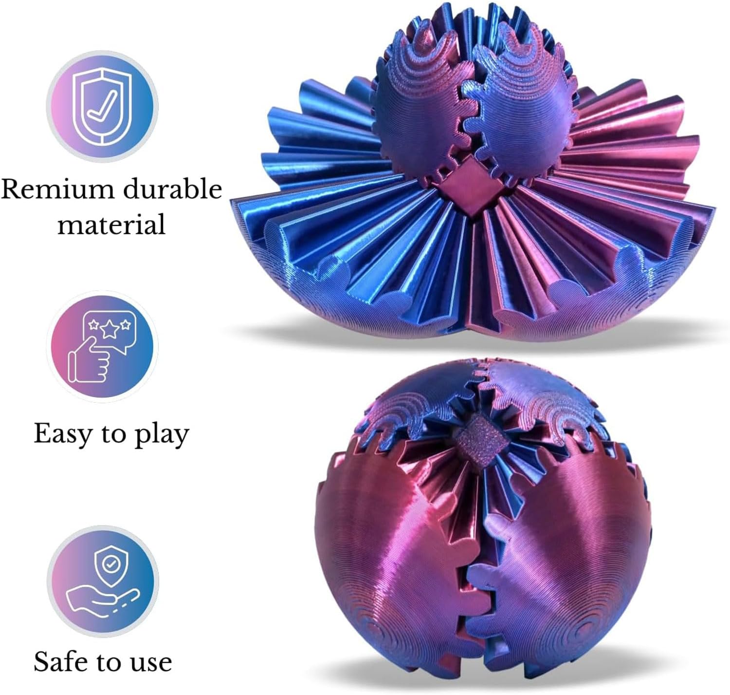 Gear Ball, Gear Sphere 3D Printed Gear Ball Fidget Toy Spin Ball, GearSphere Desk Toy, Stress Ball, Fidget Ball, Gear Toy for Stress and Anxiety Relaxing (Laser Red Blue Green)