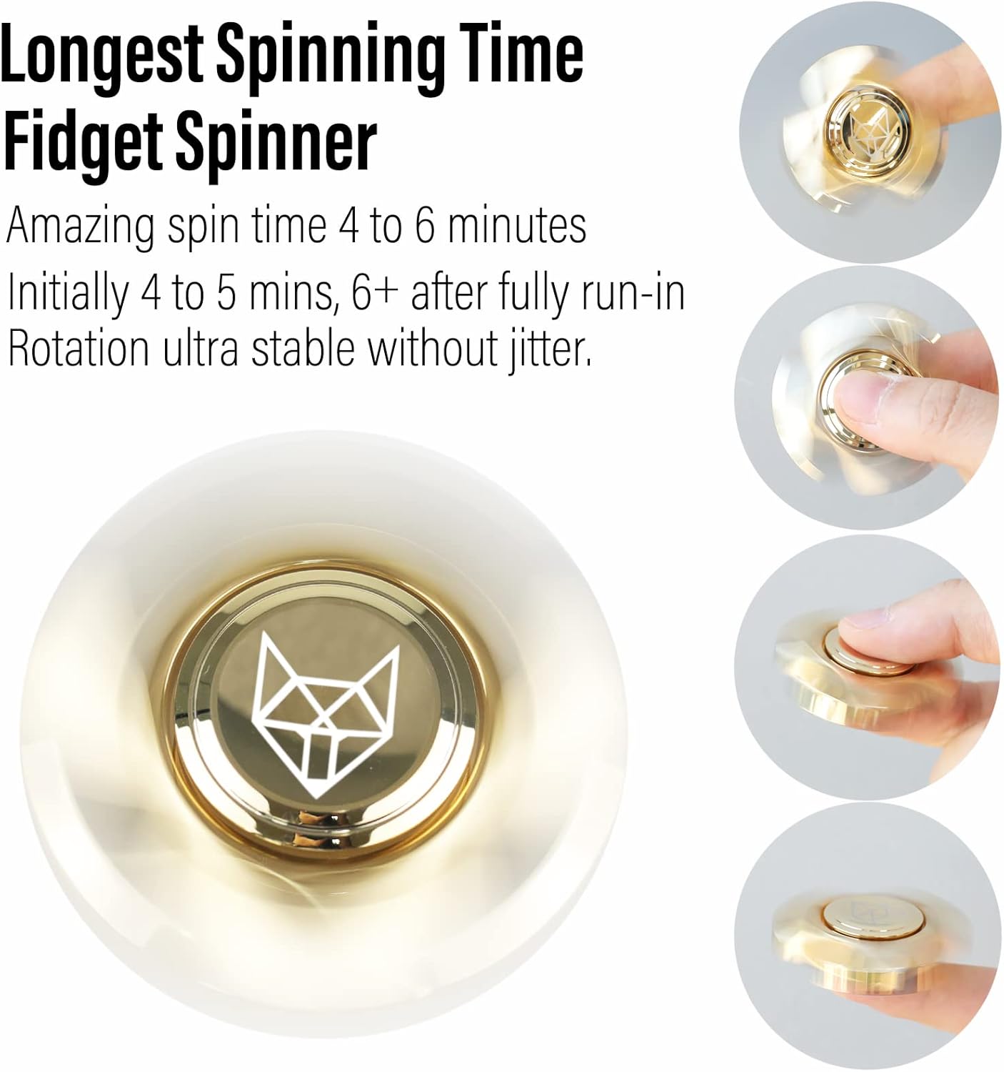 FREELOVE Metal Fidget Spinner, Stainless Steel Heavy, Long Spinning Toys, Cool Silent, Small Mini Fox Figette Spiner for Adults Men Anxiety, Quiet Bearing, Gold