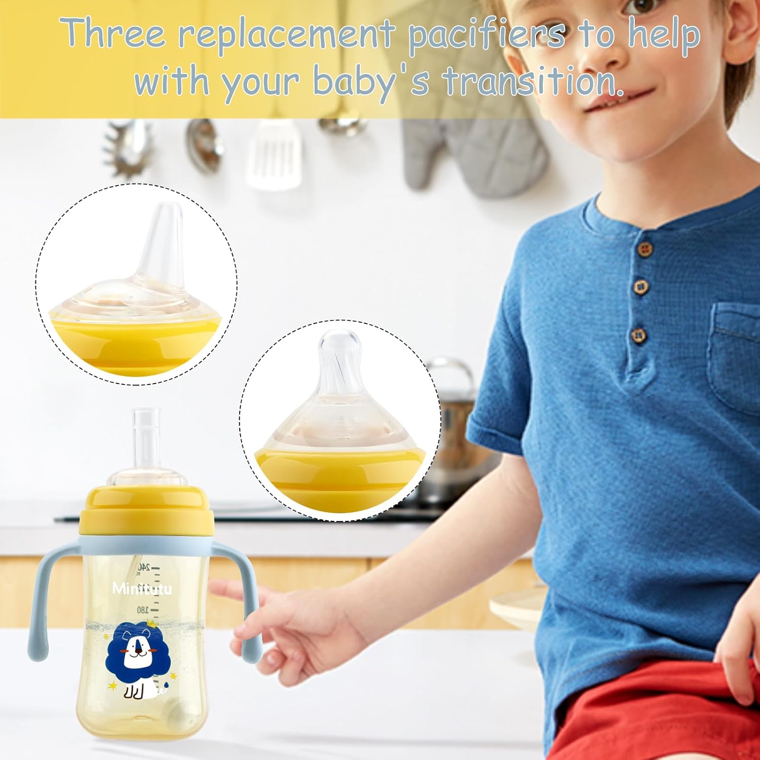 Weighted Sippy Cup With Straw and Handles - No-Spill Easy Grip Trainer Cup With Soft Flex Spout - 3 Sippy Spouts for Baby and Toddlers (Blue)