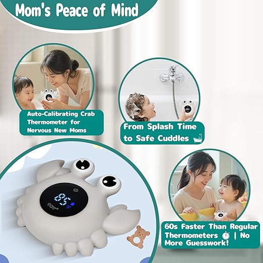 TKY Baby Bath Thermometer with Floating Toys & Room Temperature Monitor - Rechargeable Digital Thermometer with Temperature Alerts, Bath Essentials for Newborns, Infants (Advanced Grey)