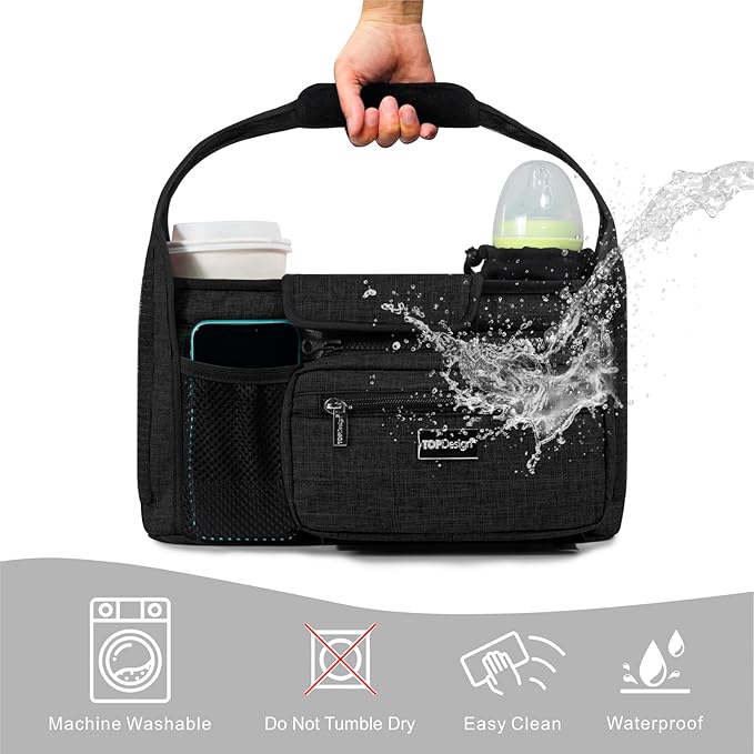 TOPDesign Universal Baby Stroller Organizer, Stroller Caddy with Detachable Mesh Bag & Heightened Insulated Cup Holders & Non-Slip Secure Hooks Accessories, Fits Most Strollers (Music Crocodiles)