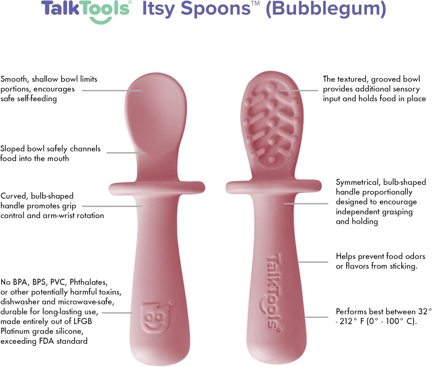 TalkTools ITSY Tiny Silicone Spoons – Twin Pack Soft Silicone Self-Feeding Training Spoons for Kids & Toddlers, Anti-Choking Flange Guard and Non-Slip Handle (Bubblegum)