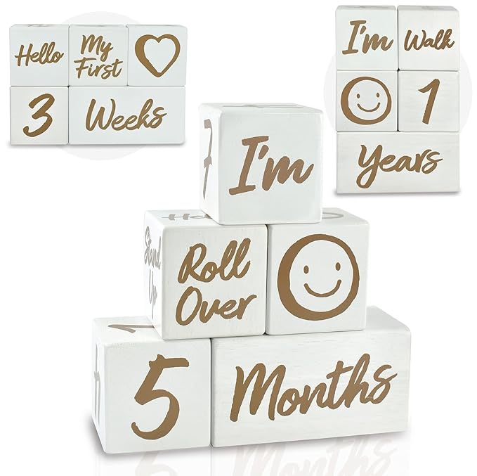 I'm Solid Wood Weekly Monthly Yearly Baby Milestone Age Blocks, Gender Neutral, Newborn Gifts & Keepsakes for Picture Props (5 Pcs/White)