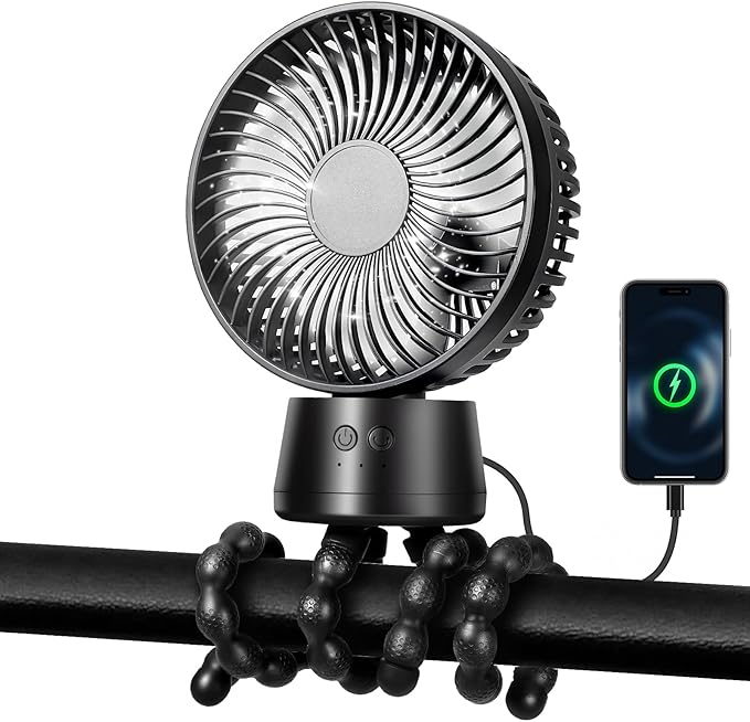 50H Portable Stroller Fan, 15000mAh Ultra-Long Battery Powered Rechargeable Personal Fans, Tripod Clip Fan with Auto Rotation,3 Speed Desk Handheld Cooling for Travel Car Seat Bedroom