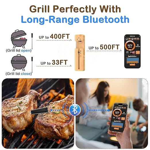 Real-Time Alerts Wireless Meat Thermometer - Smart Bluetooth Meat Probe for Grill, BBQ, Oven, Smoker - Long Range Bluetooth, Accuracy Temp, Dishwasher Clean, Waterproof - Perfect for BBQ Lovers