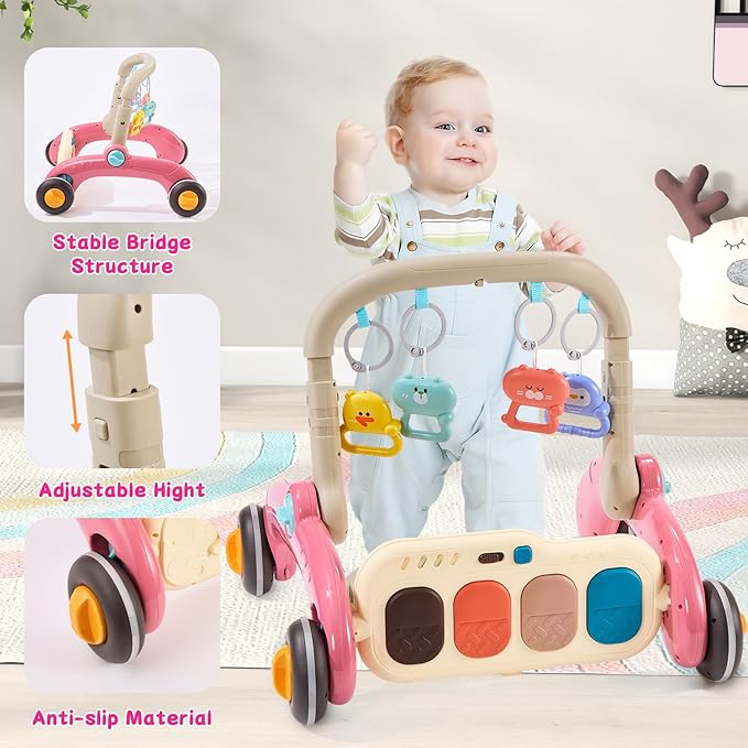 Baby Play Gym Walker Kick and Play Piano Gym for Boys Girls Play Mat Musical Tummy Time Mat Infant Christmas Newborn Gifts Toddlers (Fox Upgraded)