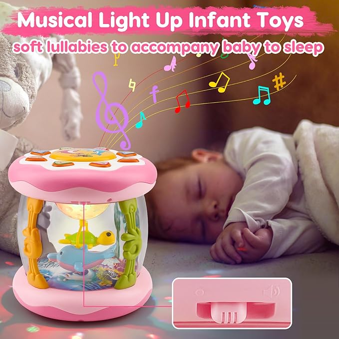 Baby Musical Light Up Toys 0-6 Months Tummy Time Ocean Projector Rotating Infant 0-3 4 5 6 7 8 9 Months Baby Aquarium Crawling Pink Toys Babies 6-12 Month Girls 1 2 Year Old Birthday Newborn Gifts