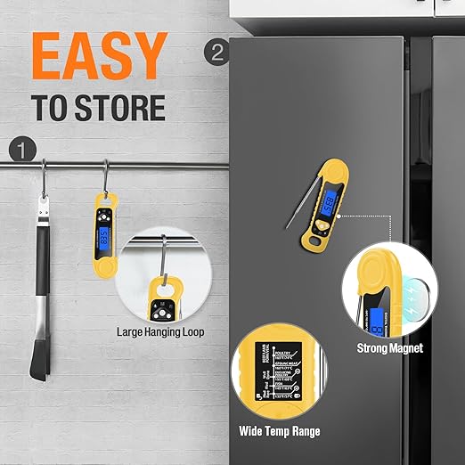 Meat Thermometer Digital, Instant Read Food Thermometer Waterproof with Backlight for Cooking, Deep Fry, BBQ, Grill, Smoker and Roast (Yellow)