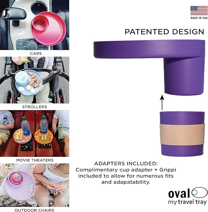 Travel Tray Oval USA Made Extend Your Current Cup Holder to Hold Your Cup Plus A Tray for Snacks, Toys and Accessories. Use in a Car Seat, Booster, Stroller, Golf Cart, Outdoor Chair, Purple