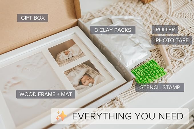 Baby Hand & Footprint Frame Keepsake Kit | Capture Milestone Moments with Safe Clay, Stencil Set & Wood Frame | Perfect Newborn Gift for Baby Showers | White