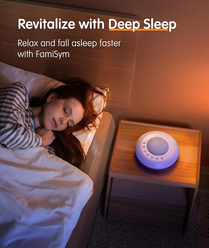 FamiSym White Noise Sound Machine,28 Soothing Natural Sounds 32 Level Volume 3 Timer Memory Function,Rechargeable Battery,Sleep Sound Machine for Baby Kids Adults