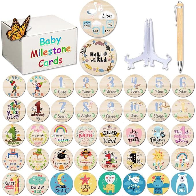 42 Designs First Year Milestones,Wooden Baby First Holiday Signs,Baby Monthly Milestone Photo Props for Newborn to Age 1,Pregnancy Baby Shower Cards (First Holiday Milestone)