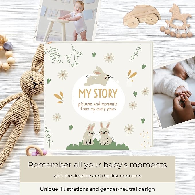 Baby Book Keepsake Gender Neutral to Paste Photos and Writing with +50 Pages and Stickers - Baby Memory Book from the First Year to 5th - Newborn Gifts, Baby Shower and Gender Reveal