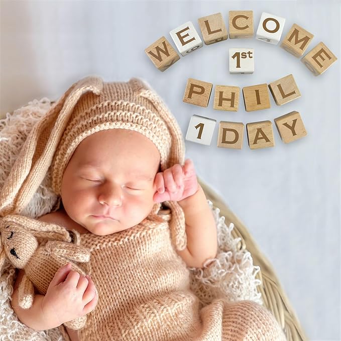 I'm Solid Wood Baby ABC Alphabet Milestone Age Blocks, Personalized Own Name, Gender Neutral, Newborn Gifts & Keepsakes for Picture Props (1.4" / 16 Pcs/Brown)