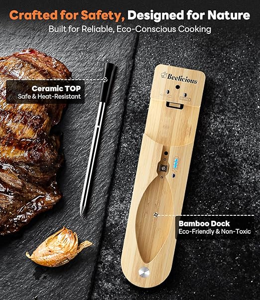 Wireless Meat Thermometer – Stable Bluetooth Smart Probe with ±1.8℉ Accuracy, 0.5s Fast Response & Long-Lasting Battery, IP67 Waterproof, App Controlled for Grill, Oven, Air Fryer