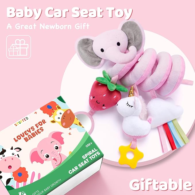 Stuffed Spiral Car Seat Toys for Baby Girls 0-6 Months, Perfect Newborn Gifts for Girls Essentials, Cute Pink Elephant Plush Items
