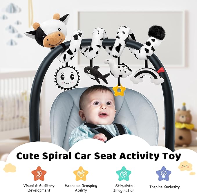 Spiral Car Seat Baby Toys 0-6 Months, Infant Carseat High Contrast Sensory Toys Hanging Stroller Accessories, Newborn Gifts for Baby Boys Girls Essentials, Cute Black and White Cow