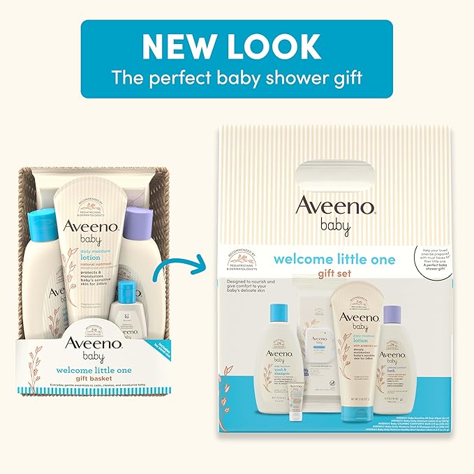 Aveeno Baby Welcome Little One Gift Set, Baby Skincare Set with Nourishing Baby Body Wash & Shampoo, Calming Bath Wash, All Over Baby Wipes, Daily Moisturizing Lotion, & Baby Balm, 5 Items