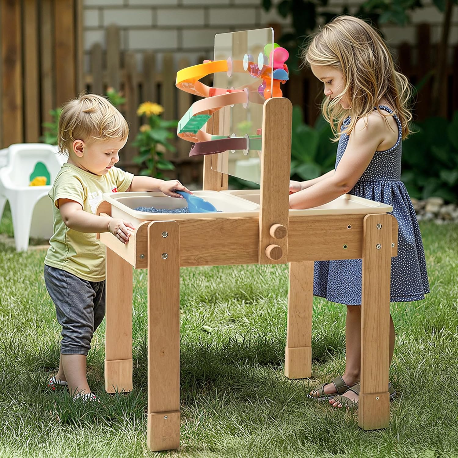 bopoobo Sand and Water Table for Toddlers, 4 in 1 Kids Wooden Sensory Activity Table with 2 Storage Bins, Painting Acrylic Board, Slide Track Toy & Windmill Suction Cups Toy, Beach Accessories