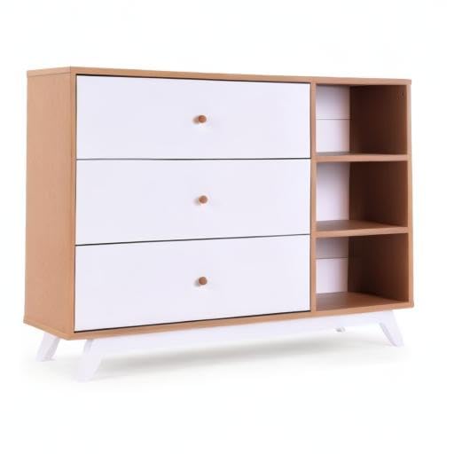 dadada Central Park 3-Drawer Dresser with Open Shelving - Modern Design, Baby-Safe Finish, Forged Steel Support, Sturdy Wood Legs, for Nursery, Kids or Teen Room, 47” Wide (White+Red Oak)