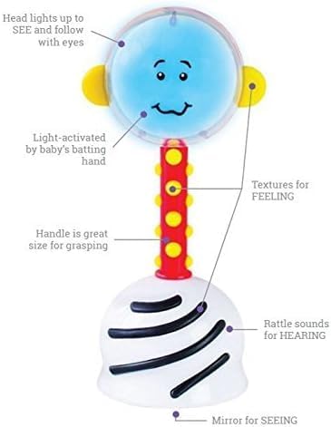 NogginStik Light-up Developmental Rattle - Color Changing, Textured for Grasping, Mirror & Rattle Sound - Sensory Toy for Babies, Ages 0-12 Months