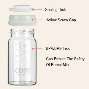 COMI Wide Neck Glass Breastmilk Collection n Storage Bottle, 4 Packs, 6oz with Screw Ring Sealing Disk; Re-markable Sealing Disc. BPA Free, Fits Breast Pumps & Nipples (3 Gray Lids + 3 Pink Lids)