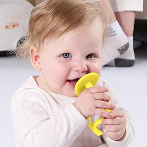 Teething Toys 3 Months+, Mombella Elephant Teethers for Babies with Strap to Clip on, Soft Silicone Teether Toys, 2 in 1 Teether & Pre-Training Toothbrush, 3 Month Old Infant Chew Toys, Yellow
