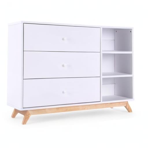 dadada Central Park 3-Drawer Dresser with Open Shelving - Modern Design, Baby-Safe Finish, Forged Steel Support, Sturdy Wood Legs, for Nursery, Kids or Teen Room, 47” Wide (White+Natural)