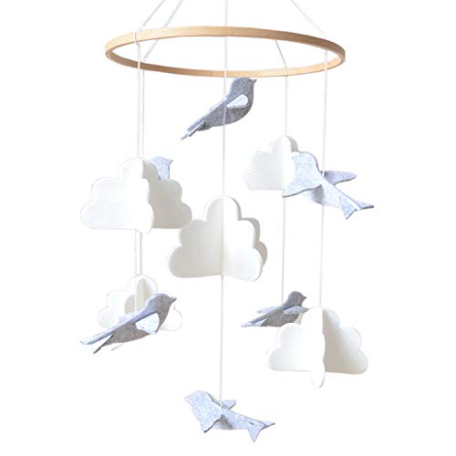 Baby Crib Mobile (Birds and Clouds) - Nursery Decor Ceiling Mobile for Boys & Girls - Crib Accessories - Grey & White