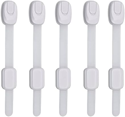 5-Pack Child Proof Cabinet Latches for Drawers, Cupboards, Fridge Toilet Seat, Dishwashers, Trash Can, Up to 37lb Pull Force - Adjustable Length, 3M Adhesive, No Drilling Child Safety Locks, White