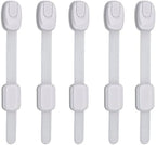 5-Pack Child Proof Cabinet Latches for Drawers, Cupboards, Fridge Toilet Seat, Dishwashers, Trash Can, Up to 37lb Pull Force - Adjustable Length, 3M Adhesive, No Drilling Child Safety Locks, White